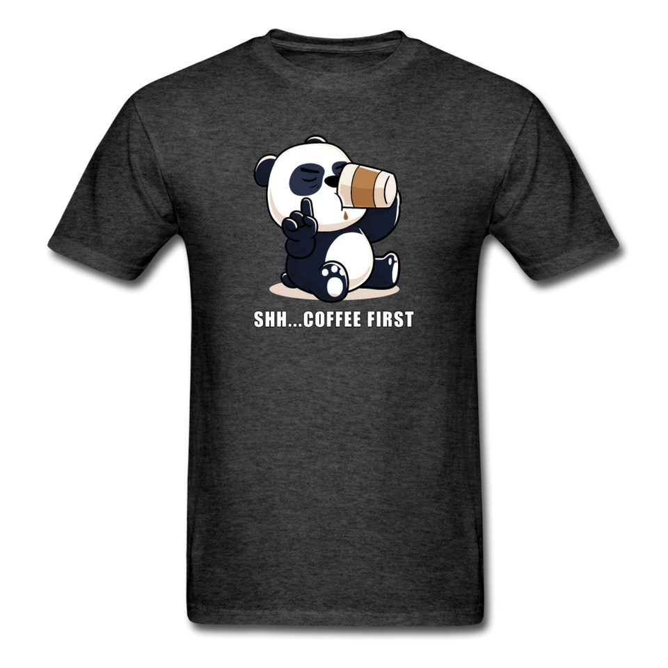 Shh.. Coffee First Panda Men's Funny T-Shirt (Dark Colors) - heather black