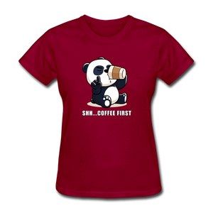 Shh.. Coffee First Panda Women's Funny T-Shirt (Dark Colors) - dark red