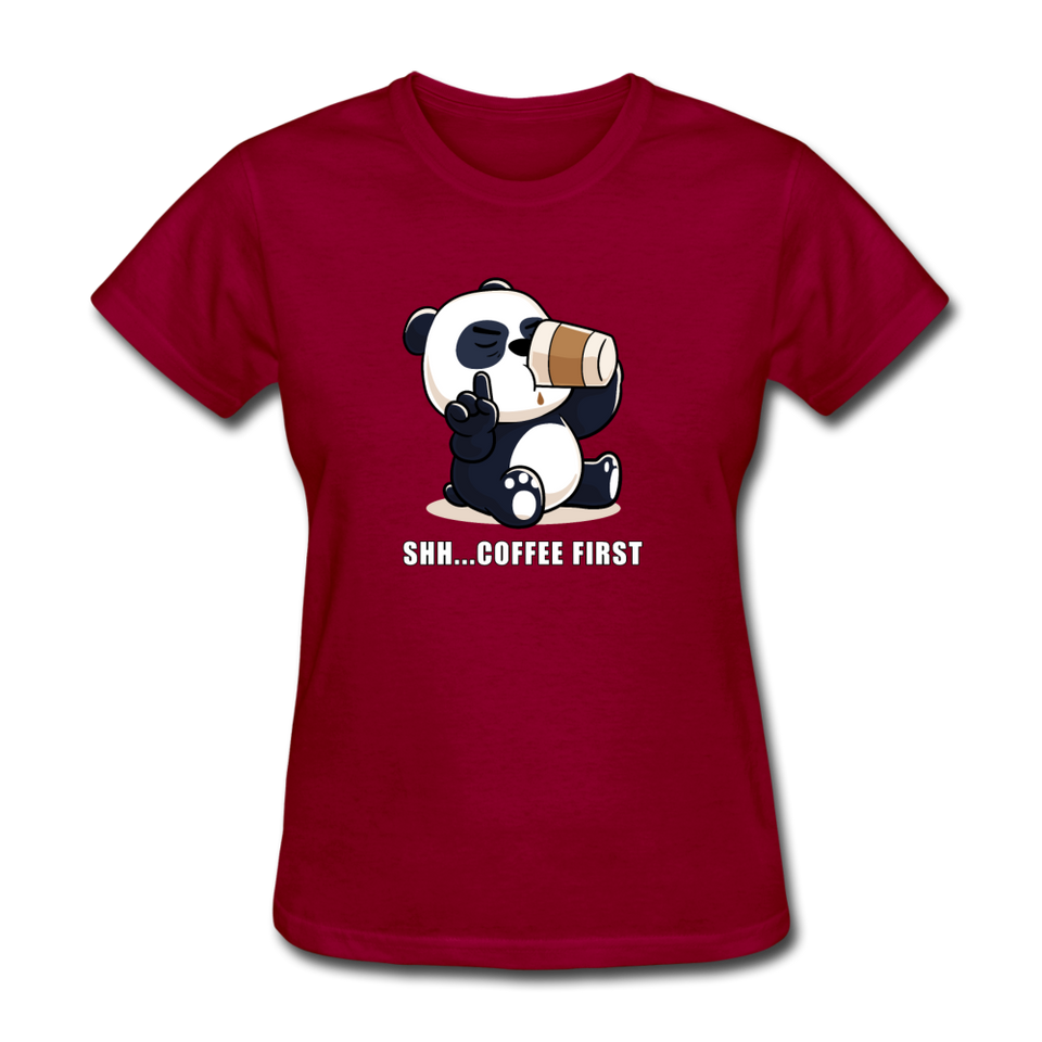 Shh.. Coffee First Panda Women's Funny T-Shirt (Dark Colors) - dark red