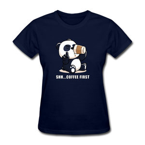 Shh.. Coffee First Panda Women's Funny T-Shirt (Dark Colors) - navy