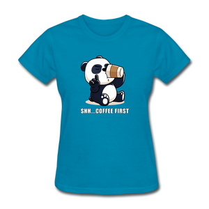 Shh.. Coffee First Panda Women's Funny T-Shirt (Dark Colors) - turquoise