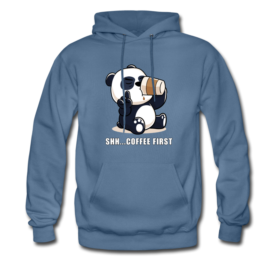 Shh.. Coffee First Panda Hoodie - denim blue