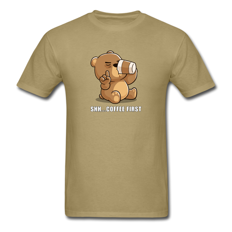 Shh.. Coffee First Men's Funny T-Shirt (Dark Colors) - khaki